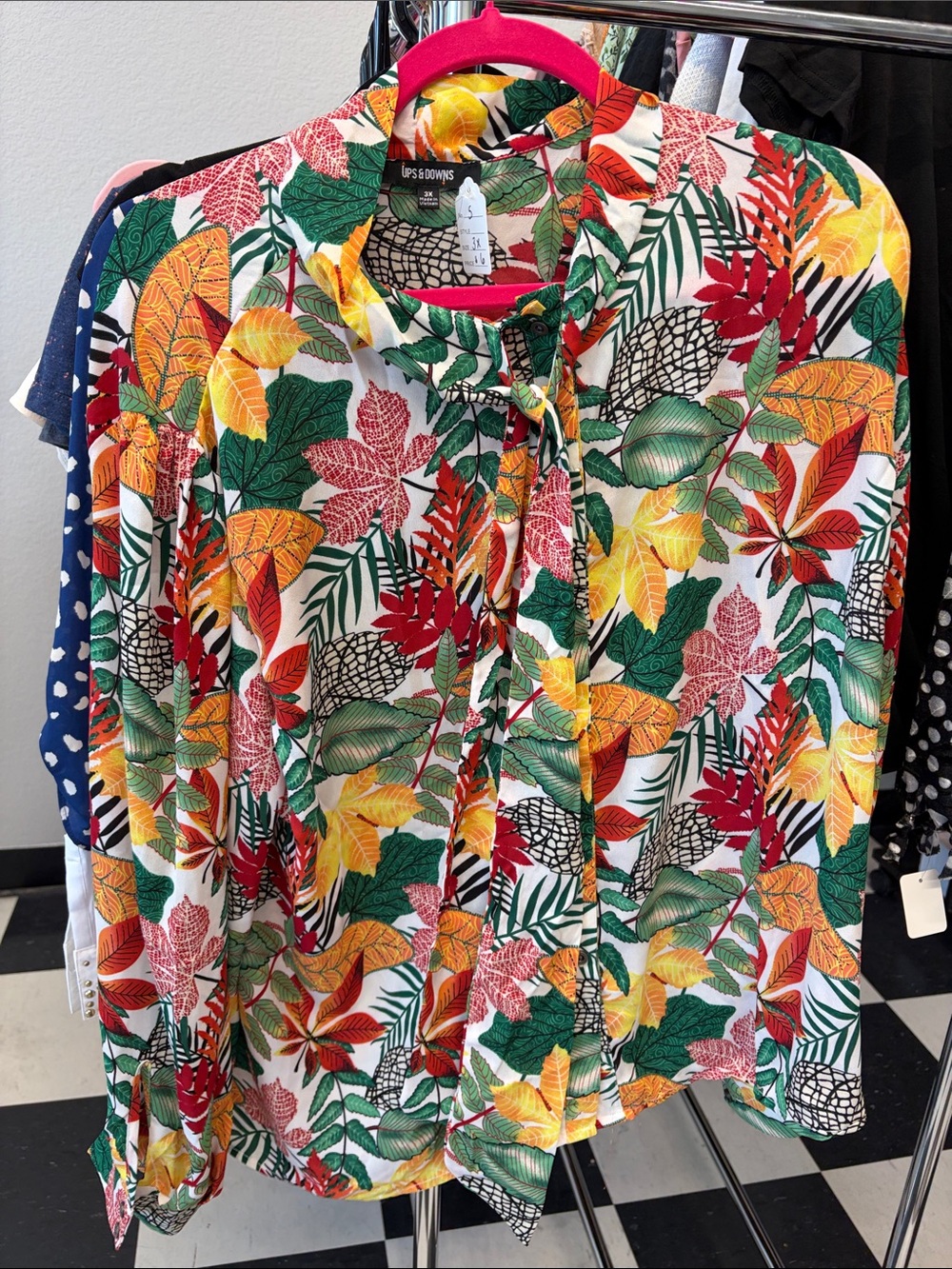 Tie-Neck Tropical Leaf Blouse by Ups & Downs — White Multicolor